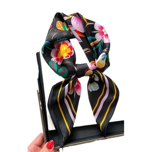 Floral geometric print silk scarf for women featuring vibrant tropical botanical patterns