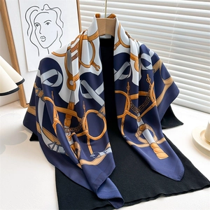 Equestrian Print Square Scarf Elegant Satin Fabric Retro Horse Bit Chain Pattern Luxury Style Neck Wrap For Women