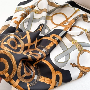 Classic vintage 90cm silk scarf with gold chain and equestrian belt print in black and gold