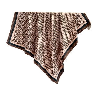 Silk-textured square scarf with brown chain ring print and dark contrast hem