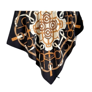 Vintage chain print silk square scarf in black and gold with horse harness motifs