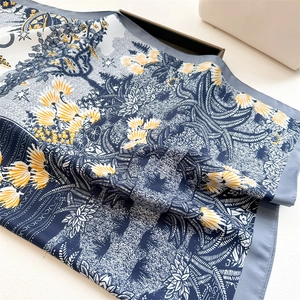Navy and yellow sunflower printed silk scarf, 90cm square wrap with tropical palm pattern