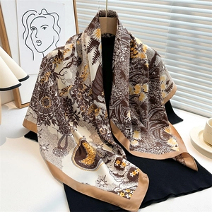 Detail of 90cm floral silk scarf with sunflower print and elegant vintage pattern