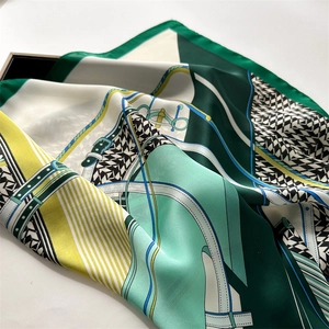 Fashion horse-themed silk square scarf with geometric green and yellow patterns