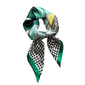 Fashionable silk square scarf with green and yellow geometric patterns on white background