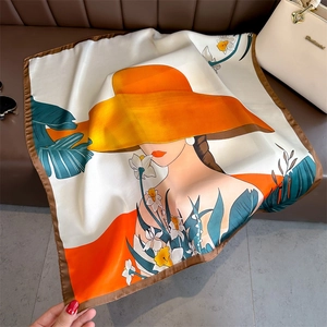 Artistic silk square scarf featuring a woman with yellow hat and floral print