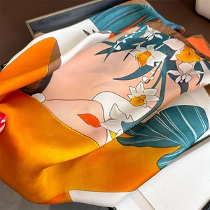 Elegant floral print satin scarf with orange and blue botanical patterns for women