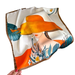 Portrait print silk scarf for women featuring floral sun hat girl design and leaf patterns