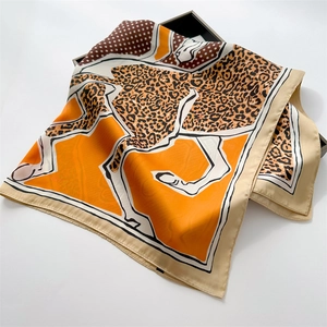 Leopard and horse print silk square scarf in orange and beige with dot pattern