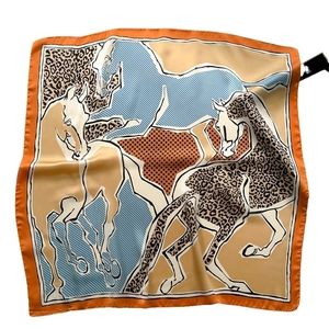 Leopard print horse pattern square silk scarf with stylish orange border and artistic design