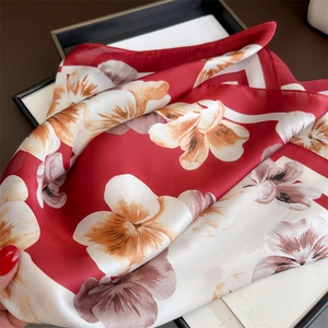 Elegant red square silk scarf with floral prints, lightweight sun protection shawl for women