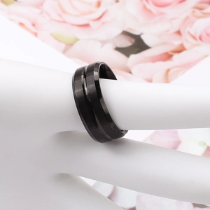 Men's black stainless steel ring with matte sandblasted finish and double groove design