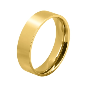 Polished 6mm wide gold stainless steel ring band shown at an angle on white background