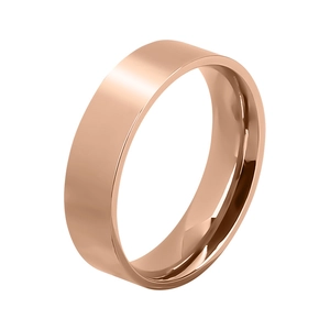 Close-up of a 6mm rose gold stainless steel ring with a polished mirror finish surface