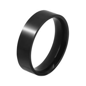 Minimalist 6mm black polished stainless steel ring for couples on a white background