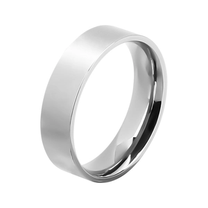 Detailed side view of 6mm polished stainless steel band ring with smooth rounded interior