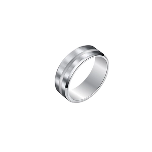 Detailed view of matte brushed stainless steel ring featuring a polished center groove