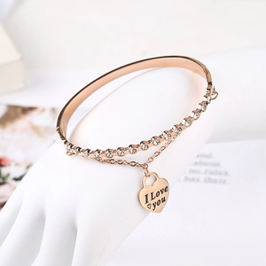 Double Layer Heart Pendant Bracelet Bangle Stainless Steel Women Rhinestone Inlaid Engraved I Love You Jewelry