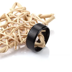 Detailed macro view of black brushed matte stainless steel men ring on a star prop