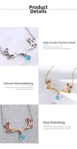 Detailed view of elk antler necklace in titanium steel with pink zircon and blue teardrop stone