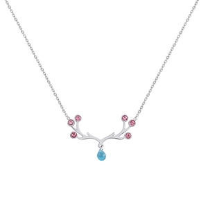Detail of silver elk antler necklace with pink stones and blue teardrop crystal