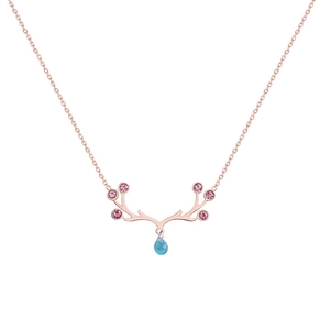 Rose gold reindeer antler necklace with pink and sky blue crystals for women
