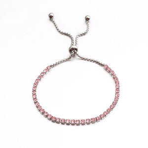 Bracciale tennis regolabile color argento con zirconi rosa a taglio rotondo incastonati