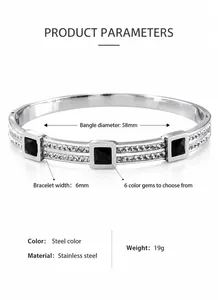 Detailed size specifications of the stainless steel bangle with black square crystals