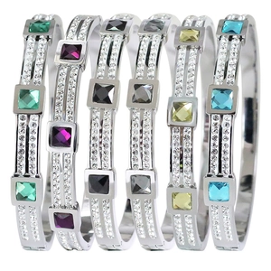 Luxury Stainless Steel Bangle For Women With Square Zirconia Double Row Rhinestones Open Buckle Hinge Fashion Jewelry Bracelet