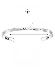 Detailed specs of stainless steel open cuff bracelet with motivational engraving