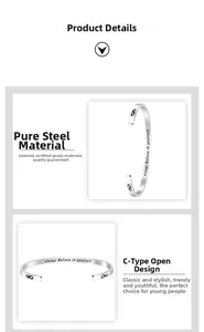Detailed macro view of the C-shaped steel bracelet with inspirational engraving