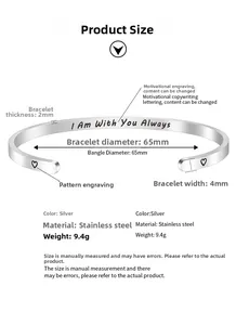 Engraved stainless steel bracelet dimensions: 65mm diameter, 4mm width, 9.4g weight