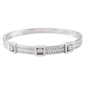 Detail of silver titanium steel bangle with double-row micro-pave and three square crystals