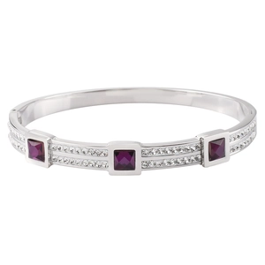Silver stainless steel bangle featuring square red gems and rows of sparkling white crystals
