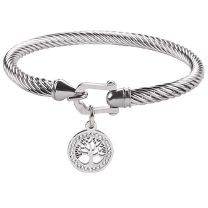 Macro view of silver cable bangle with Tree of Life charm and zircon stone settings