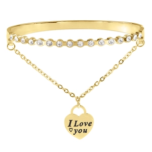 Gold stainless steel double layer bracelet with heart pendant and clear zircon inlay