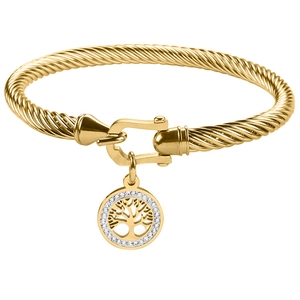 Golden twisted cable bracelet with tree of life charm and horseshoe clasp design