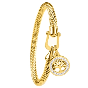 18K gold cable bracelet featuring a tree of life pendant and horseshoe buckle design