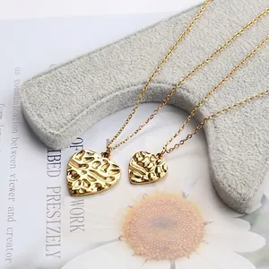 Heart Pendant Necklace Stainless Steel 18K Gold Plated Hammered Texture Vintage Elegant Women
