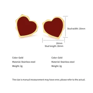 Boucles d'oreilles cœur en acier inoxydable doré avec émail rouge foncé 16mm