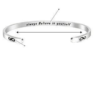 Stainless steel infinity bangle with always believe in yourself inspirational engraving