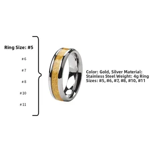 Detail of 4g two-tone stainless steel ring with gold frosted texture and silver edges