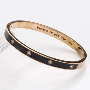 Bracelet Jonc Acier Inoxydable Émail Noir Incrusté Zircon Gravure Inspirante Charnière Ovale Bijoux Femme Or Rose