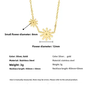Detailed specs of golden daisy pendant necklace with flower sizes and stainless steel info