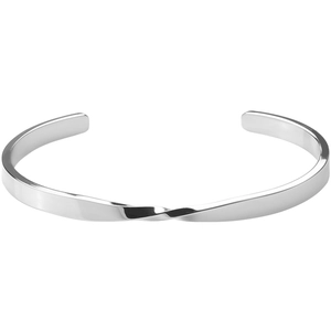Detail shot of a polished silver Mobius twist stainless steel oval open bangle bracelet