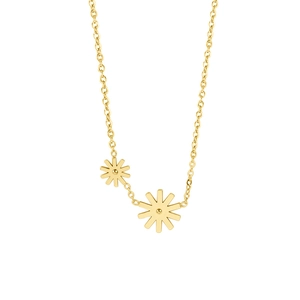 Minimalist gold daisy flower pendant necklace in stainless steel on white background