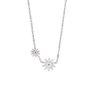 Detailed view of silver stainless steel daisy pendant necklace with delicate chain