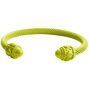 Neon lime cable cuff bracelet in stainless steel with decorative end caps on white background
