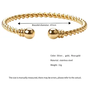 18K gold plated stainless steel cable cuff bracelet with round balls and 47mm diameter