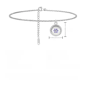 Detail showing dimensions of silver evil eye anklet with blue stone and stainless steel measurements